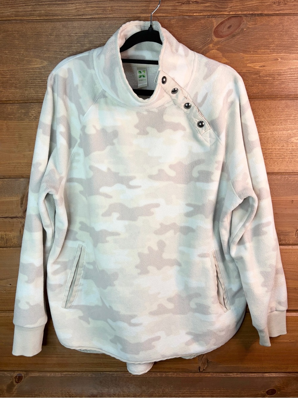 Green Tea Cozy Fleece Neutral Camo Funnel Neck Pullover Sweater Size Large